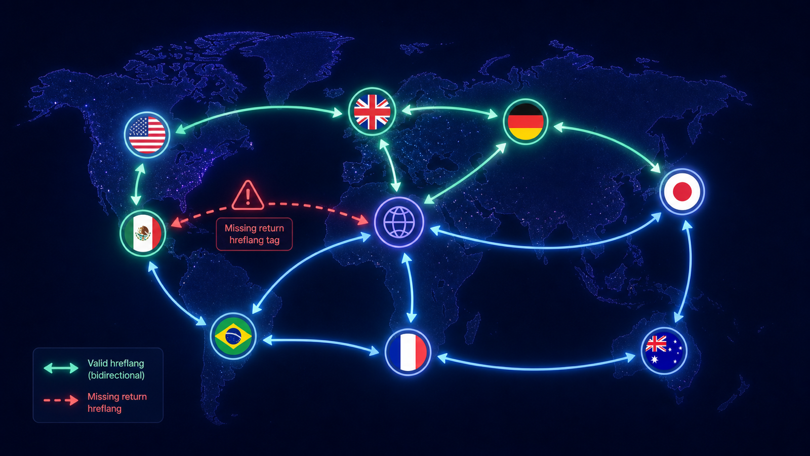 World map with hreflang return-tag connections and one broken red international SEO link