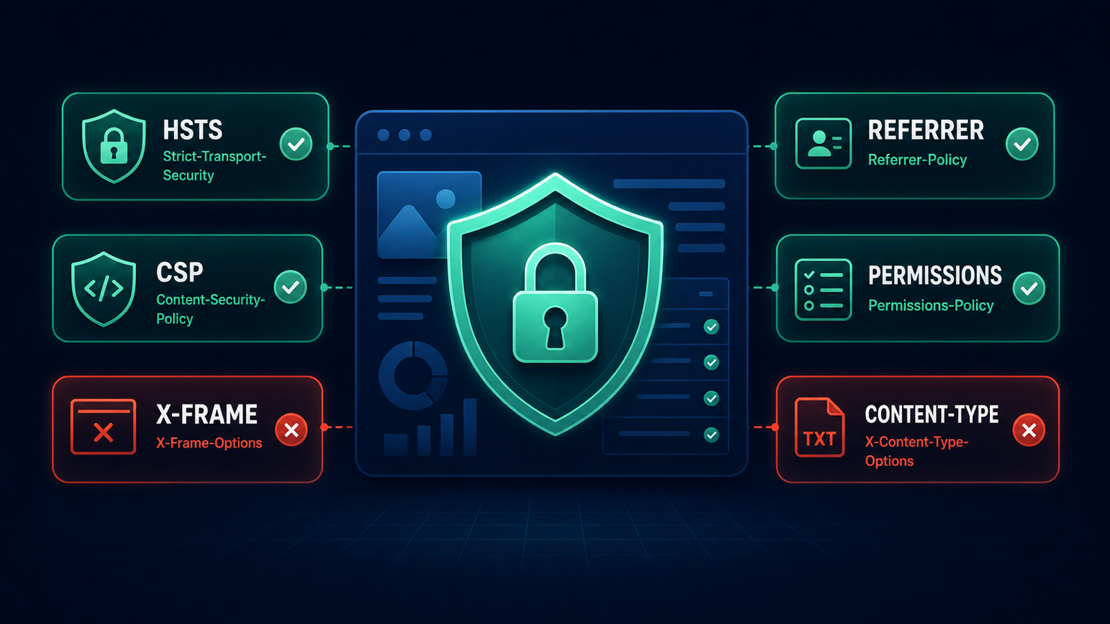 Security header shield over a webpage with HSTS CSP X-Frame and other header status badges