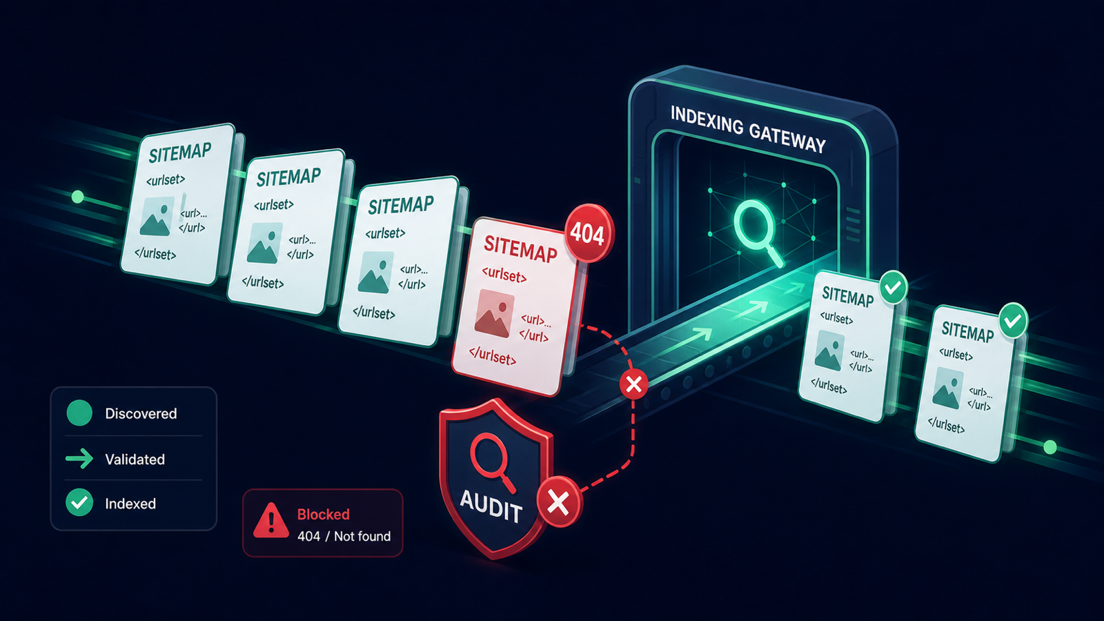 XML sitemap documents moving toward an indexing gateway with one red 404 page intercepted