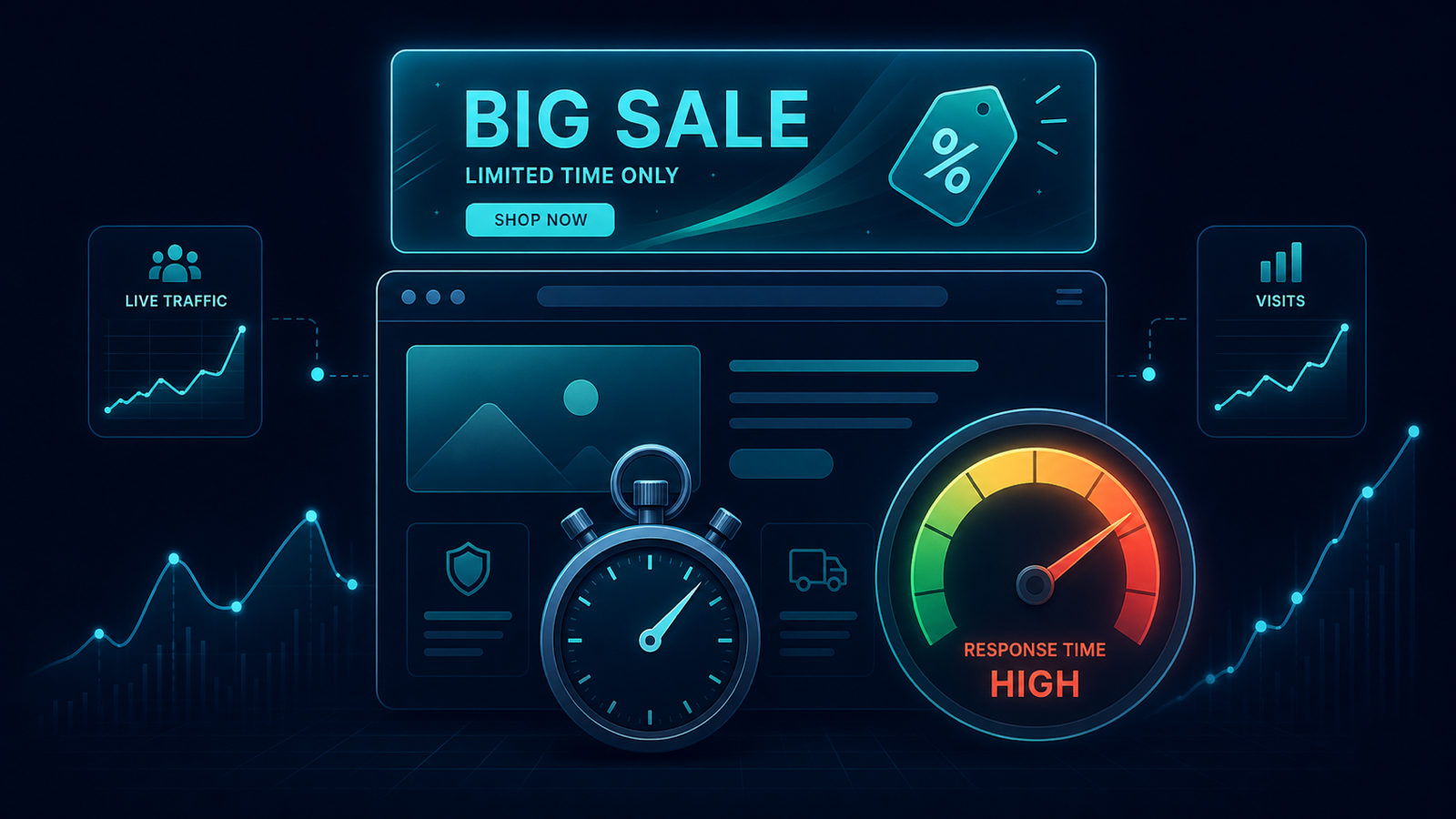 Campaign landing page with a response-time gauge climbing from green to red during launch traffic