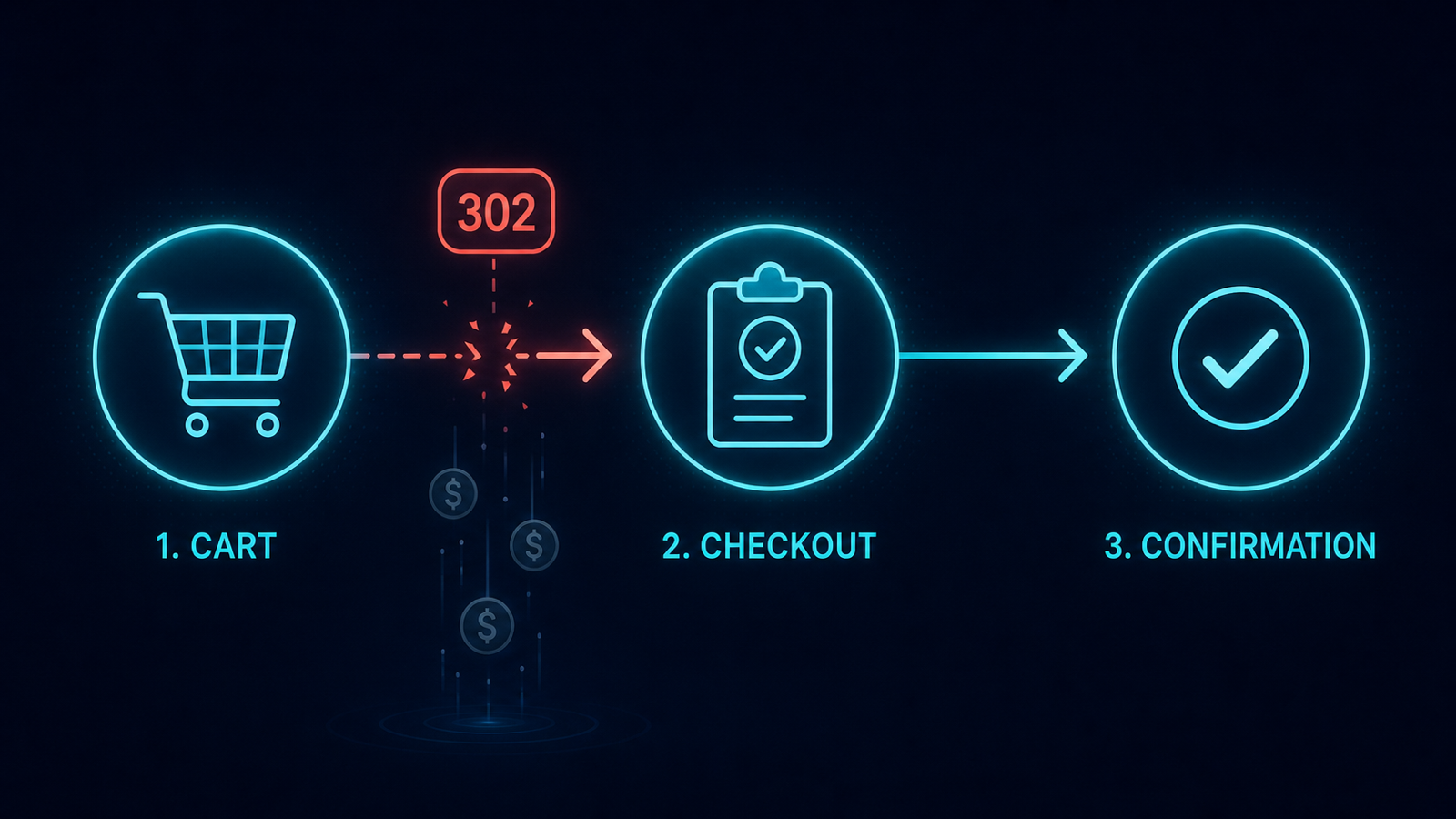 Checkout funnel with a broken 302 redirect between the cart and checkout steps, with dropping revenue indicators
