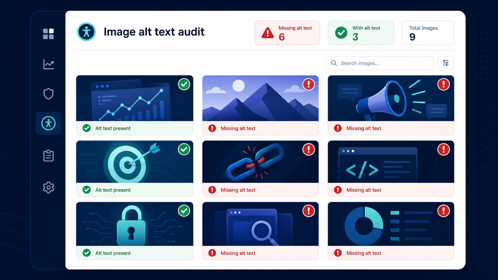 Image audit dashboard grid with green alt text checks and red missing alt warnings