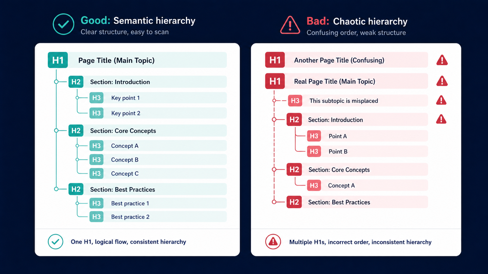 Heading hierarchy comparison with a clean H1 H2 H3 outline and a chaotic outline with multiple H1 tags