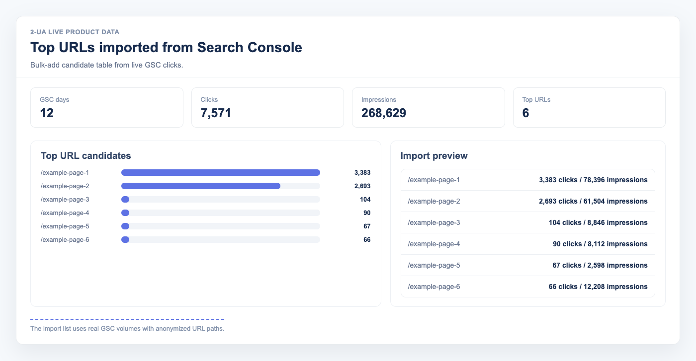 Top URLs imported from Google Search Console with live clicks impressions and anonymized example page paths