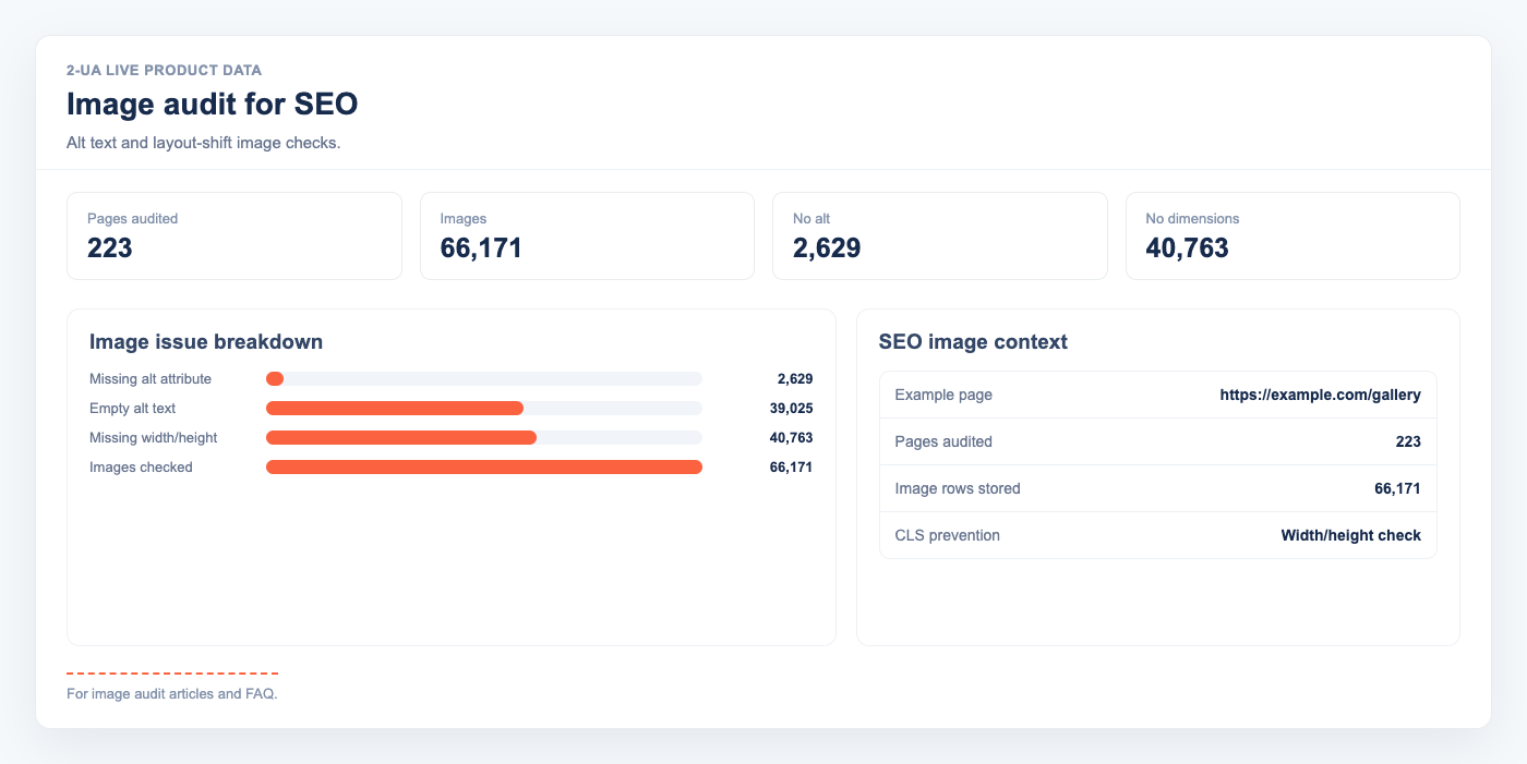 Image audit dashboard with live missing alt empty alt and missing dimension counts