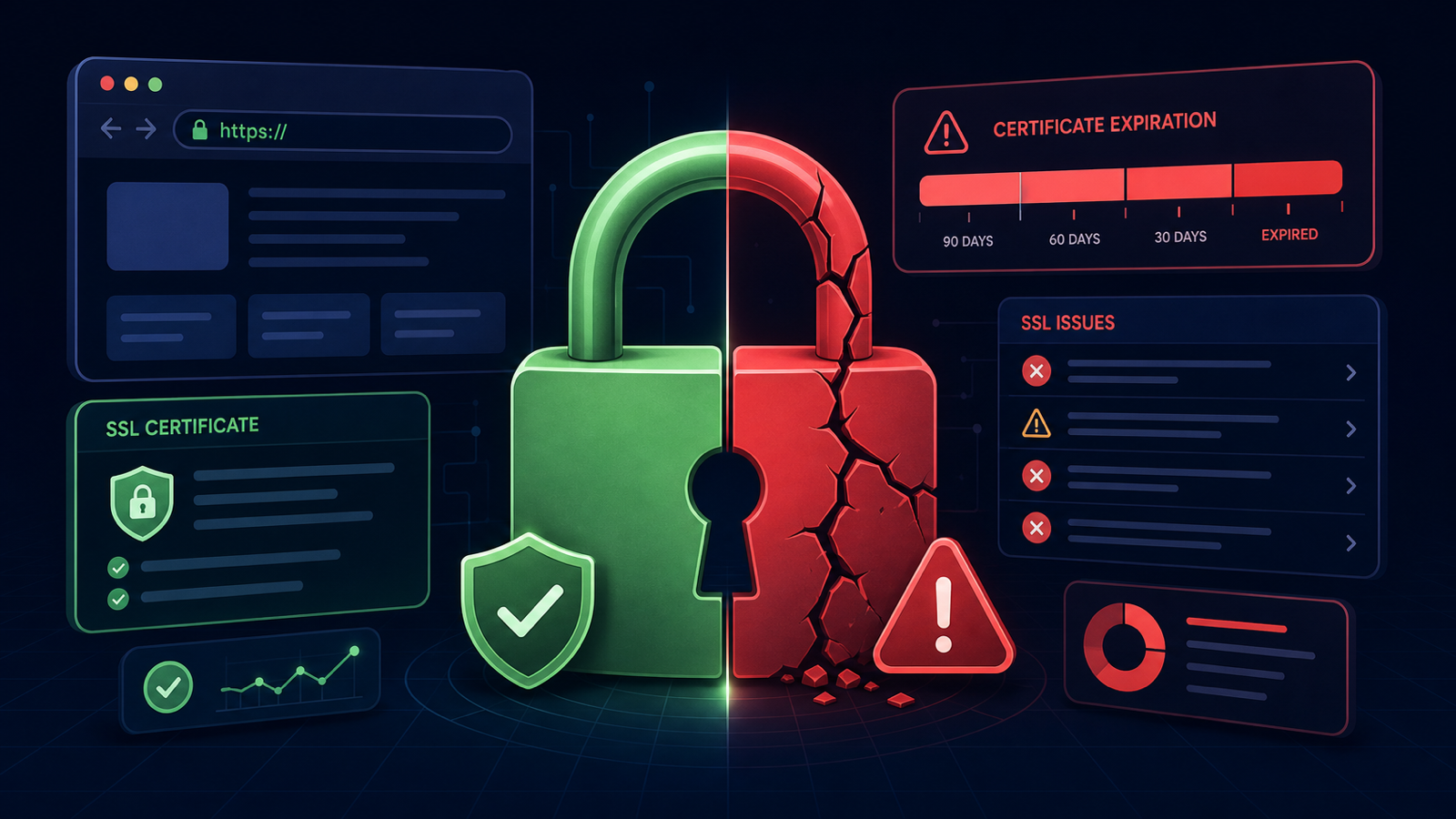 Split padlock with green valid SSL state and red cracked certificate expiration warning