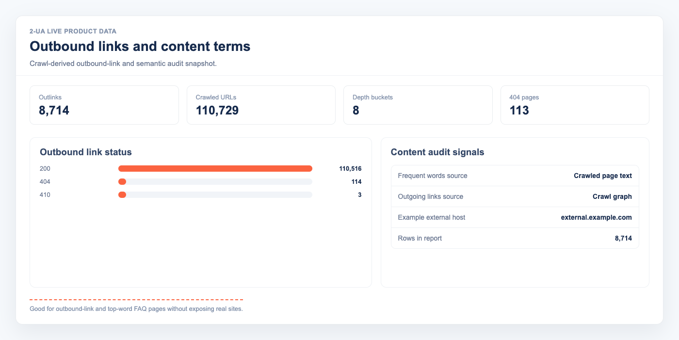 Outbound links and top words audit visual with live crawl status and outgoing link counters