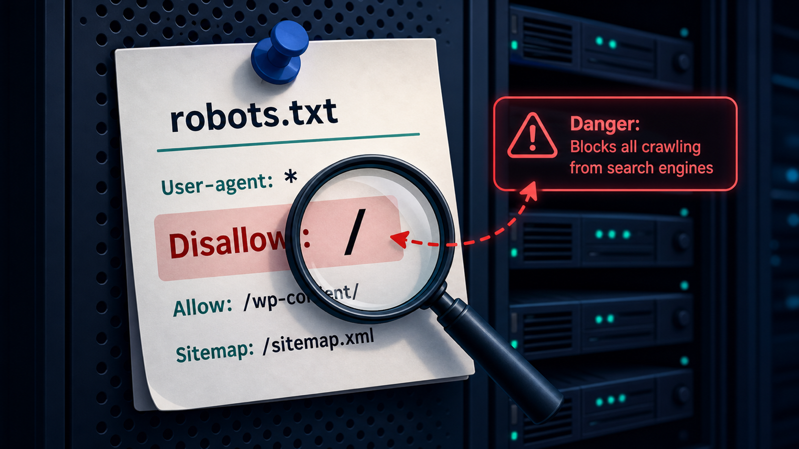 Robots.txt file on a server rack with a magnifying glass highlighting a dangerous disallow rule