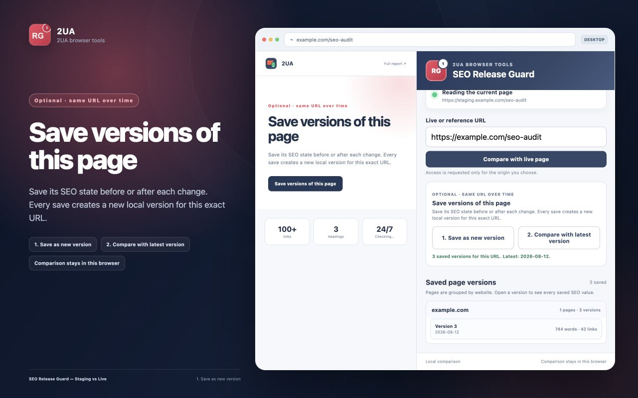 SEO Release Guard workflow for saving dated page versions and comparing the current page with the latest local version