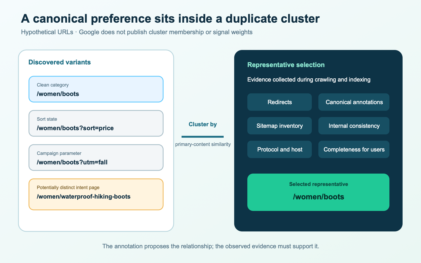Duplicate cluster model showing four discovered URL variants grouped by similar primary content and one representative selected from combined evidence