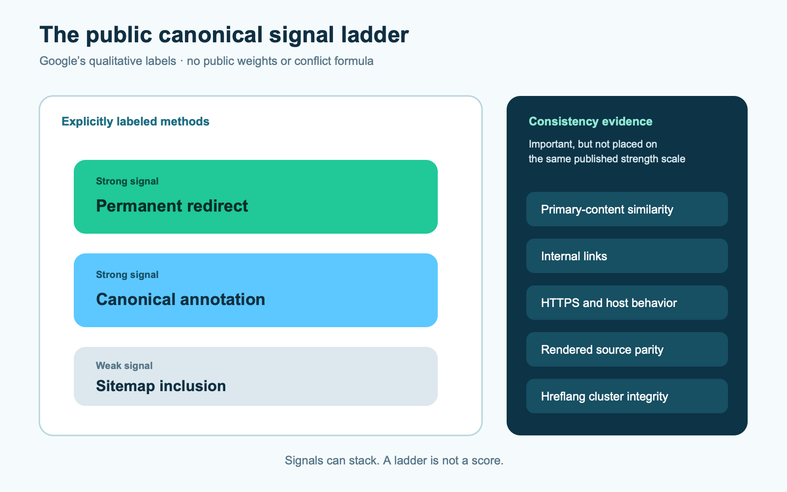 Canonical signal ladder labeling permanent redirects and canonical annotations as strong Google signals and sitemap inclusion as weak, with consistency evidence shown separately