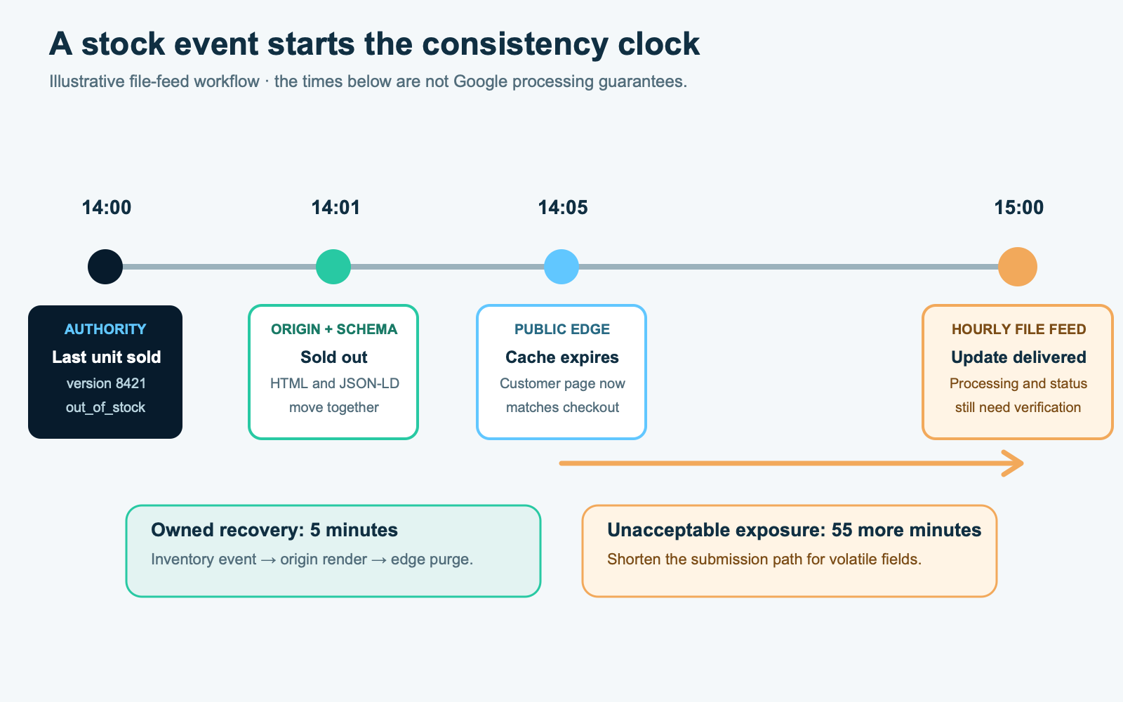Out-of-stock incident timeline showing inventory version 8421 reaching checkout immediately, HTML and schema after cache purge, and a delayed merchant feed