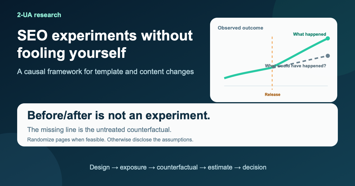 SEO experiments without fooling yourself social preview showing observed results diverging from an unobserved counterfactual after release